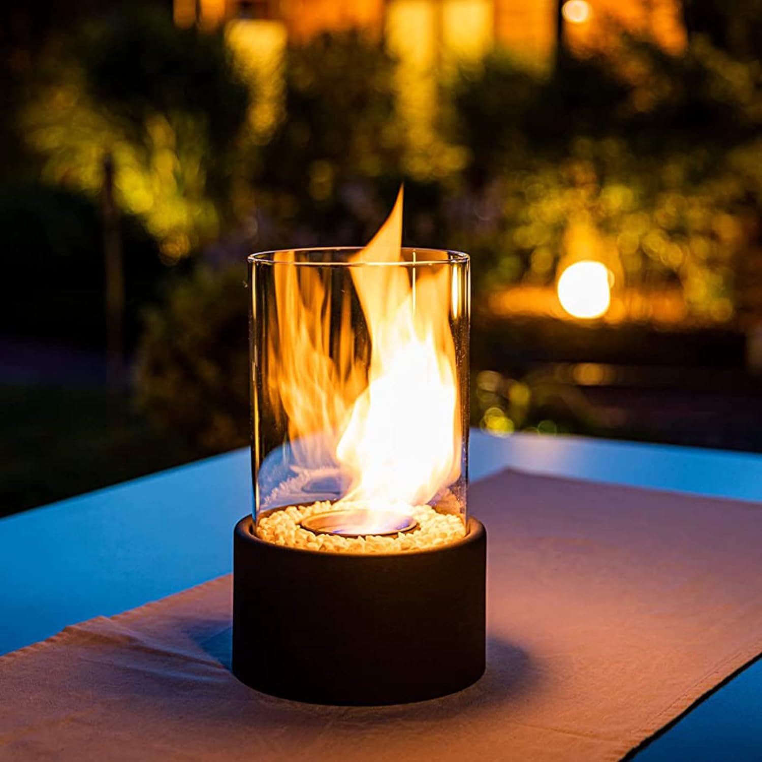 FlameAura - Elegant Cylindrical Bioethanol Fireplace with Modern Glass & Stone Design