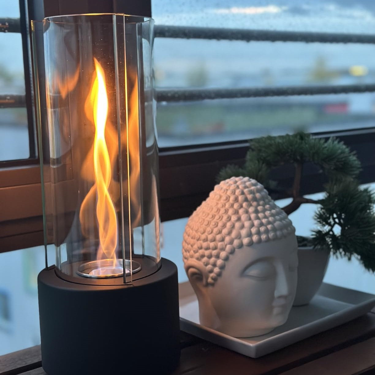FlameAura - Elegant Cylindrical Bioethanol Fireplace with Modern Glass & Stone Design
